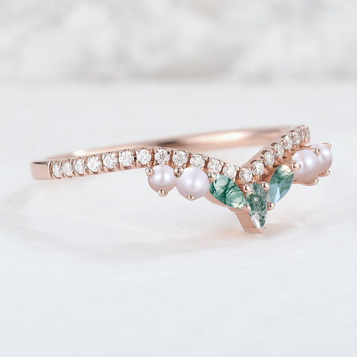 Curved Marquise Cut Moss Agate and Round Pearl 14k Rose Gold  Wedding Band