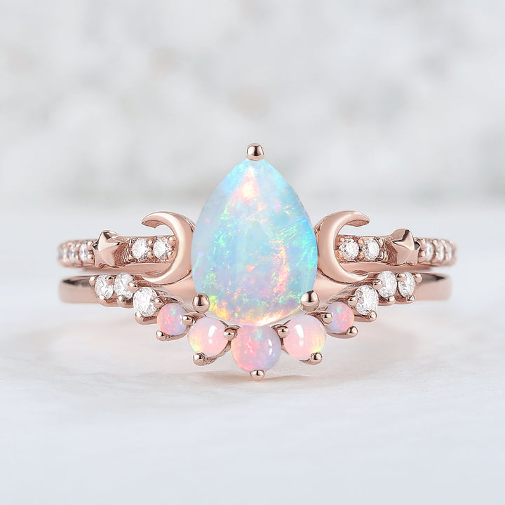 Unique Pear Cut Opal Moon and Star Engagement Ring 2pcs