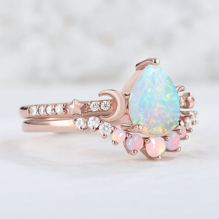 Unique Pear Cut Opal Moon and Star Engagement Ring 2pcs