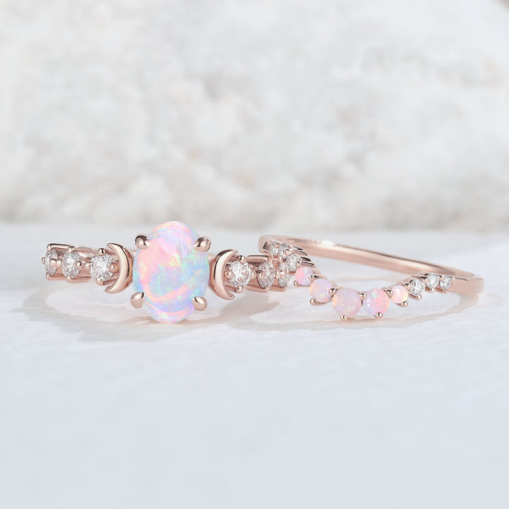 IverJewelry Oval Opal Moon Seven Stone Engagement Ring Set 2pcs