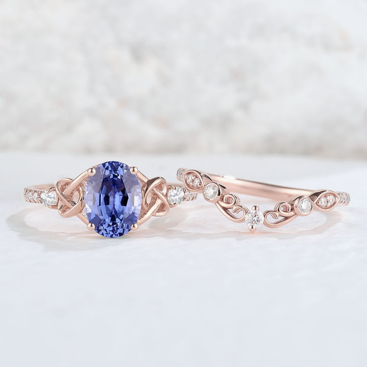 Nature Oval Shaped Sapphire Vine Engagement Ring Set 2pcs