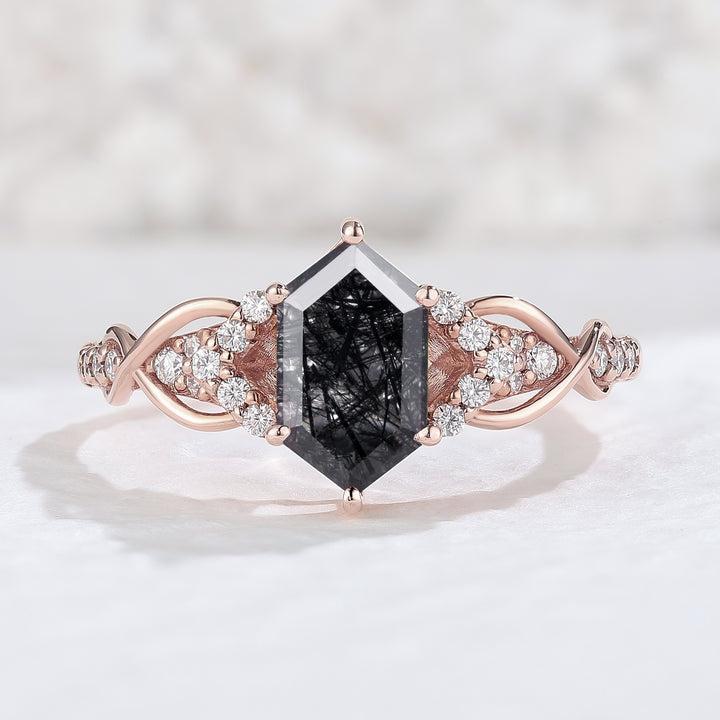 Unique Hexagon Cut Black Rutilated Quartz Vine Engagement Ring