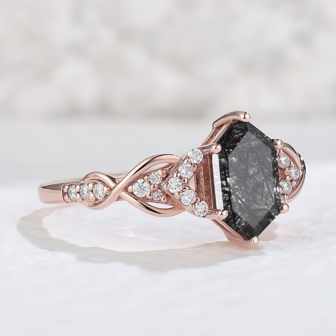 Unique Hexagon Cut Black Rutilated Quartz Vine Engagement Ring