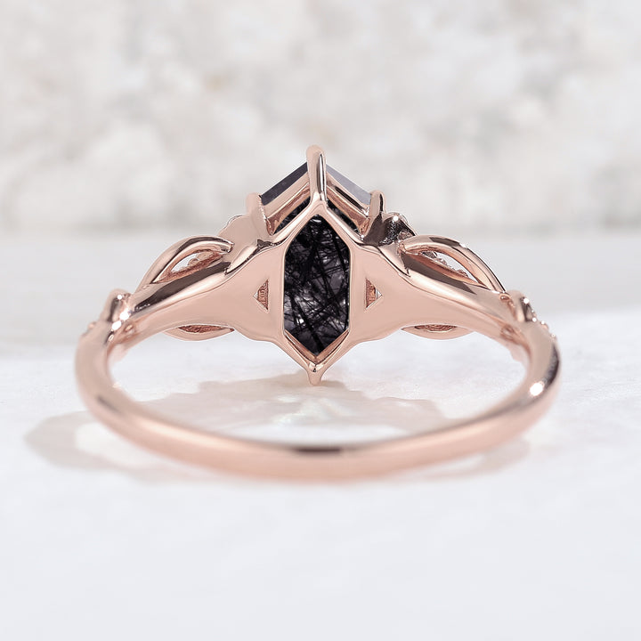 Unique Hexagon Cut Black Rutilated Quartz Vine Engagement Ring