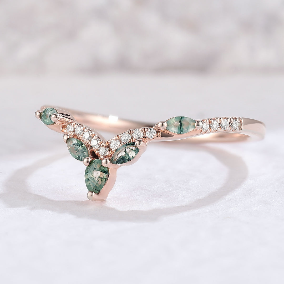 Nature Marquise Shaped Moss Agate Moissanite Wedding Ring