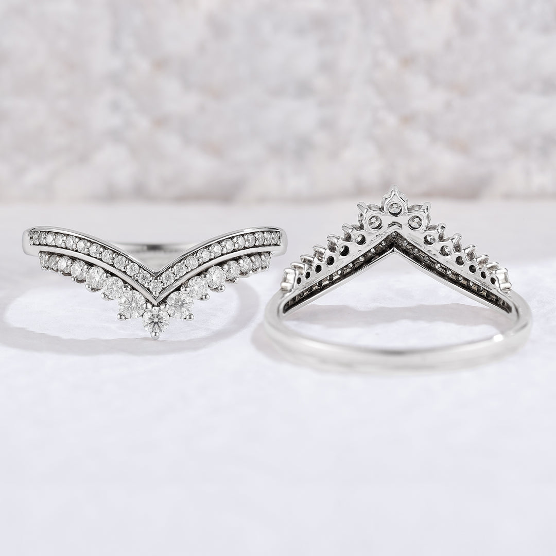 Chevron Round Cut Moissanite Stacking Silver Wedding Band - Iver Jewelry