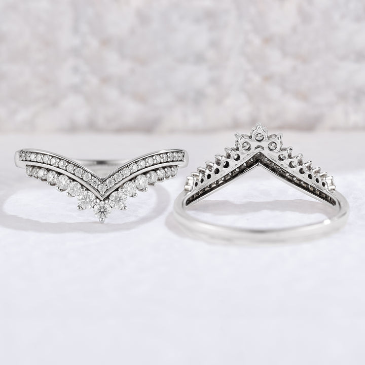 Chevron Round Cut Moissanite Stacking Silver Wedding Band - Iver Jewelry