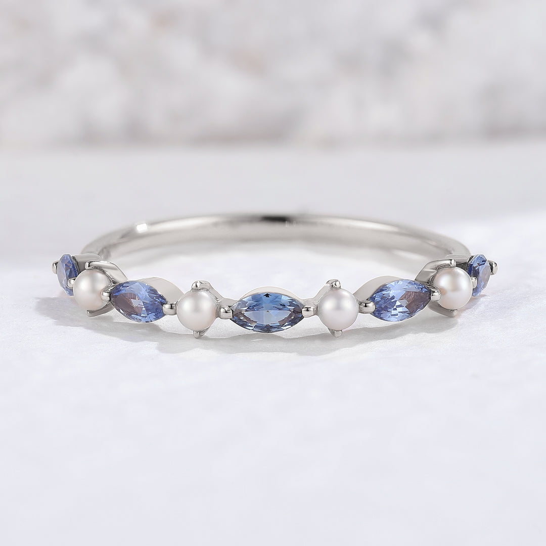 Straight Marquise Cut Cornflower Sapphire Pearl Wedding Ring