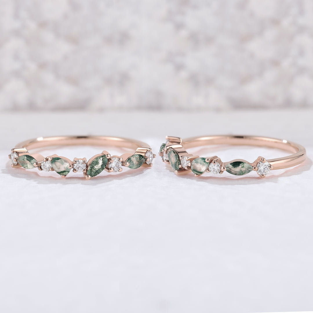 Straight Marquise Moss Agate and Round Moissanite Half Silver Wedding Band - Iver Jewelry