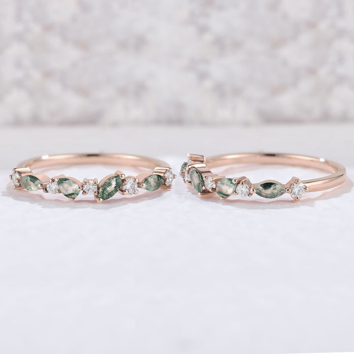 Straight Marquise Moss Agate and Round Moissanite Half Silver Wedding Band - Iver Jewelry