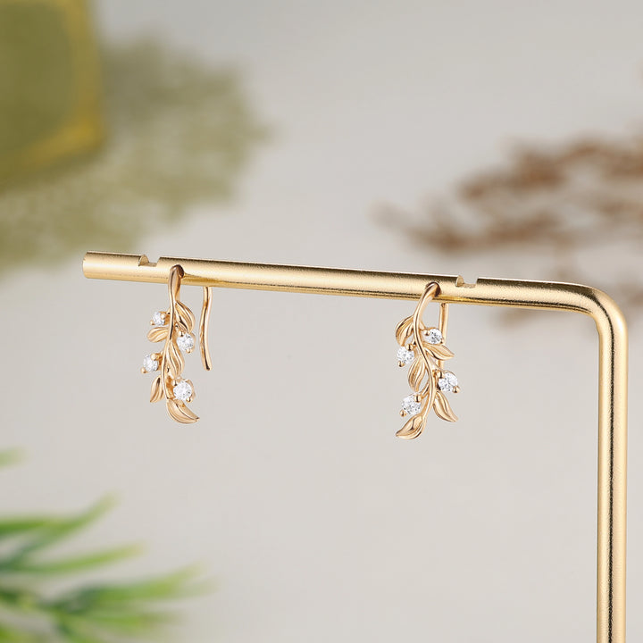 Leaf Earrings Round Cut Moissanite Vine Drop Earrings
