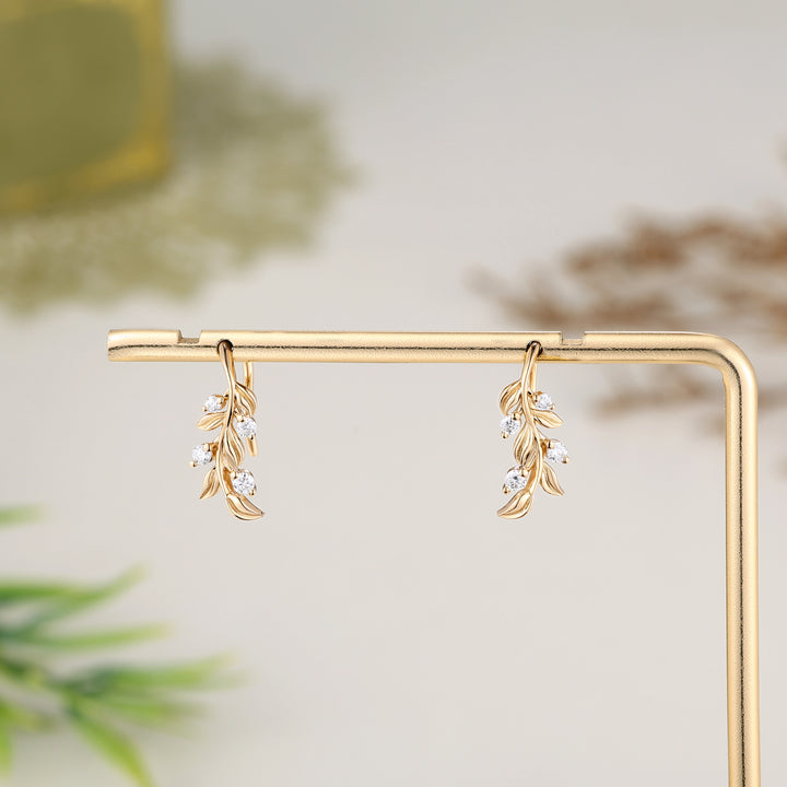 Leaf Earrings Round Cut Moissanite Vine Drop Earrings