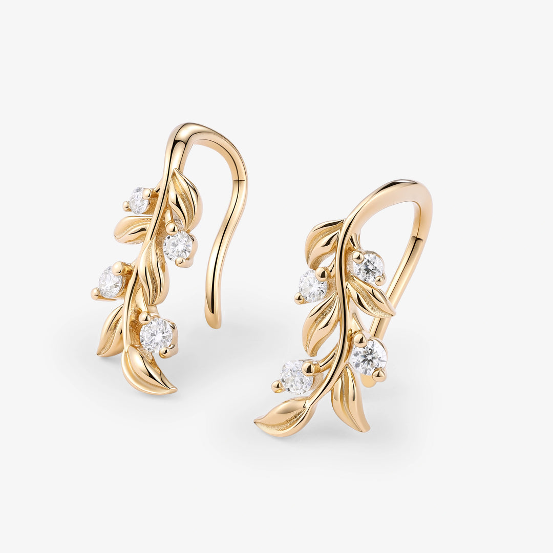 Leaf Earrings Round Cut Moissanite Vine Drop Earrings