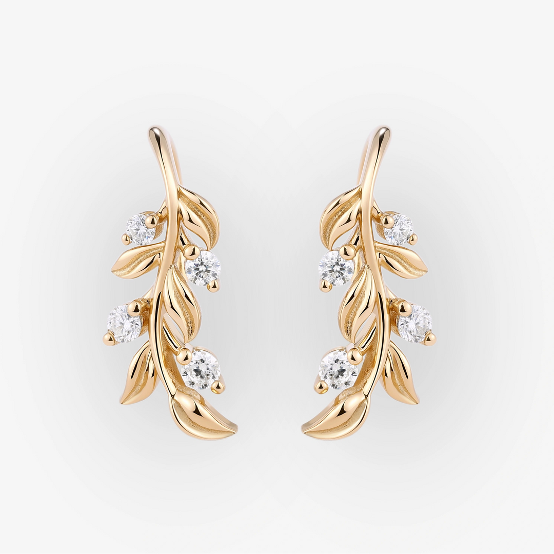 Leaf Earrings Round Cut Moissanite Vine Drop Earrings