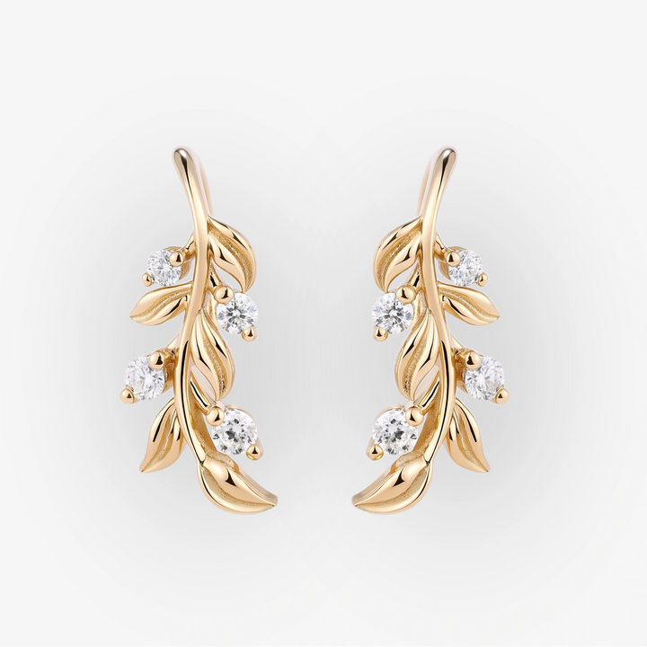 Leaf Earrings Round Cut Moissanite Vine Drop Earrings