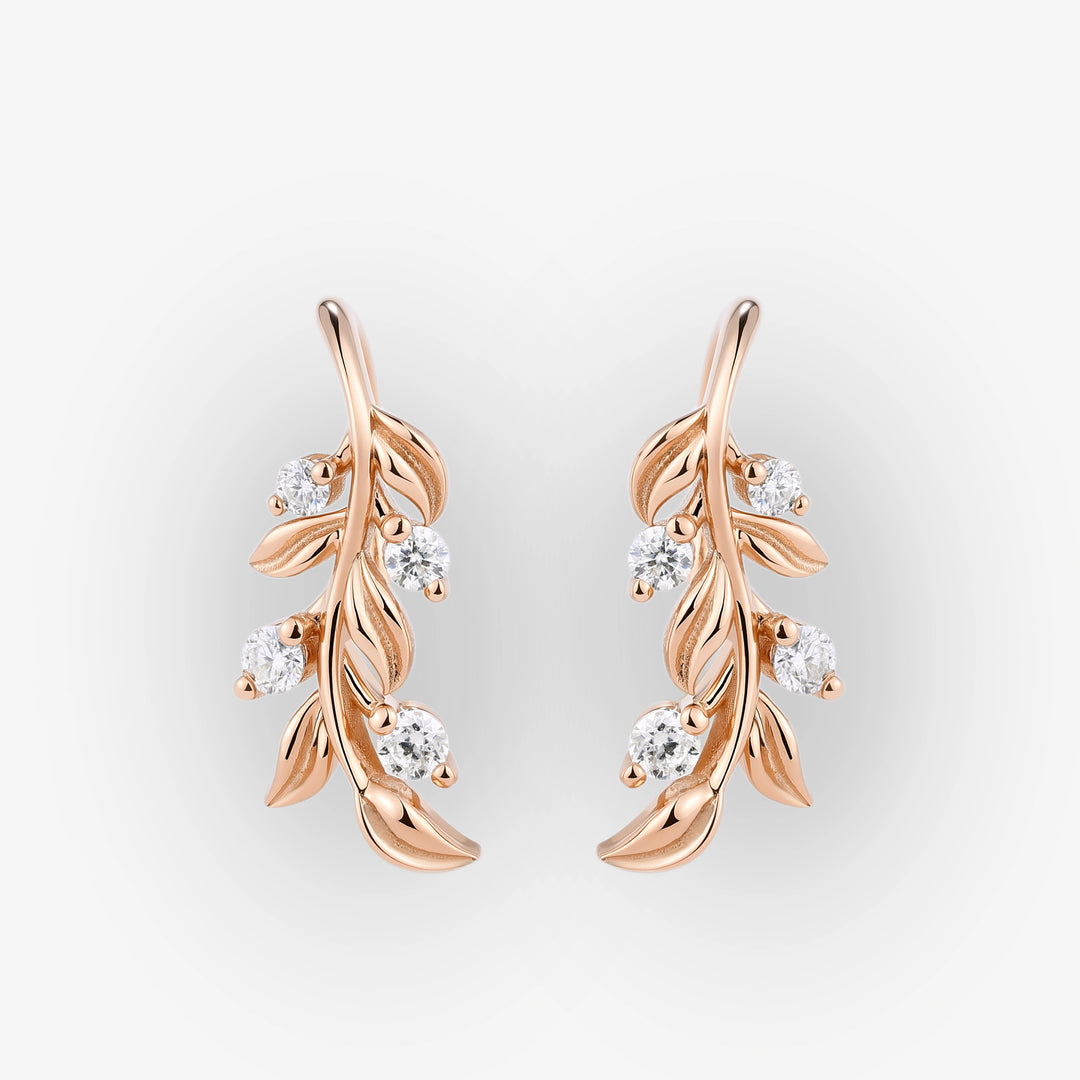 Leaf Earrings Round Cut Moissanite Vine Drop Earrings