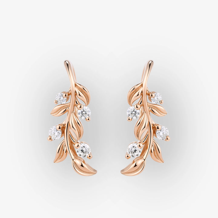 Leaf Earrings Round Cut Moissanite Vine Drop Earrings