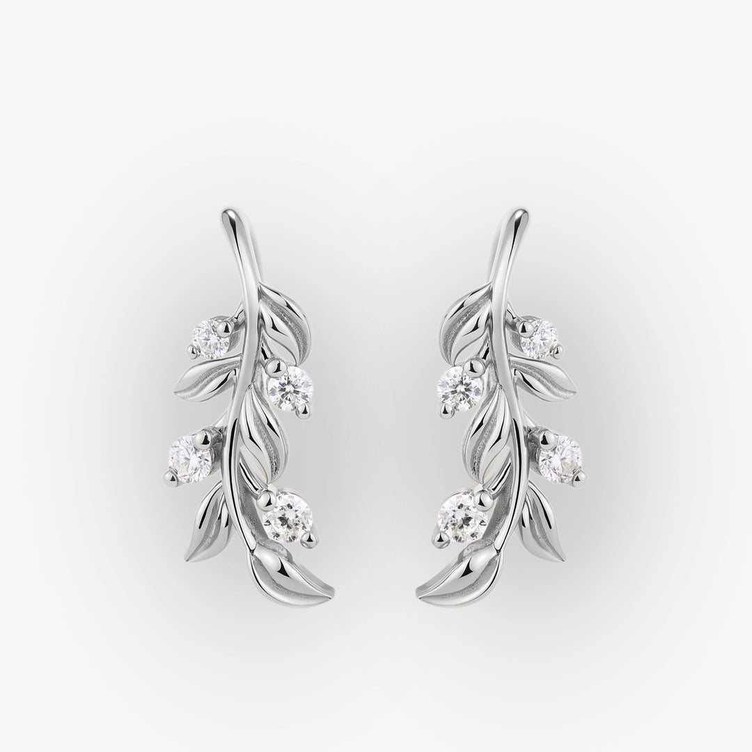 Leaf Earrings Round Cut Moissanite Vine Drop Earrings