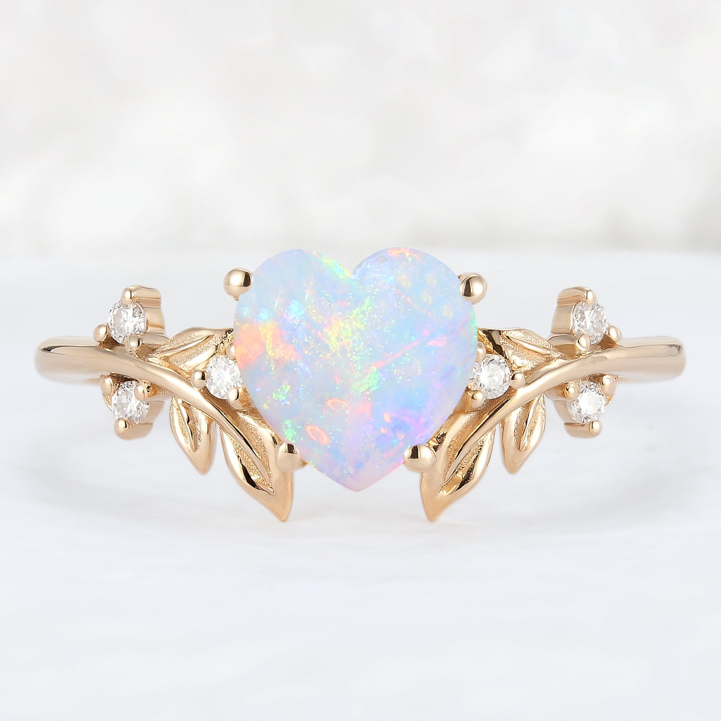 Leaf Inspired Heart Shaped Opal Engagement Ring