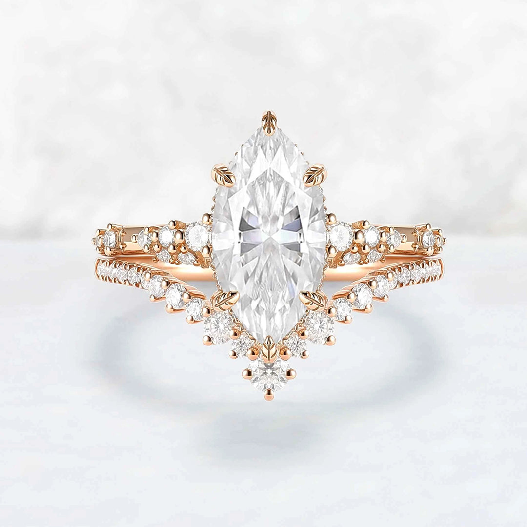 Leaf Claw Inlay Marquise Cut Moissanite Engagement Ring Set 2pcs