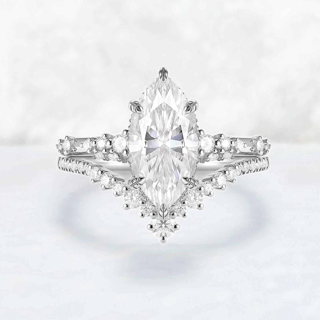 Leaf Claw Inlay Marquise Cut Moissanite Engagement Ring Set 2pcs