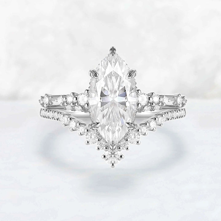 Leaf Claw Inlay Marquise Cut Moissanite Engagement Ring Set 2pcs