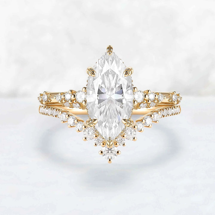 Leaf Claw Inlay Marquise Cut Moissanite Engagement Ring Set 2pcs