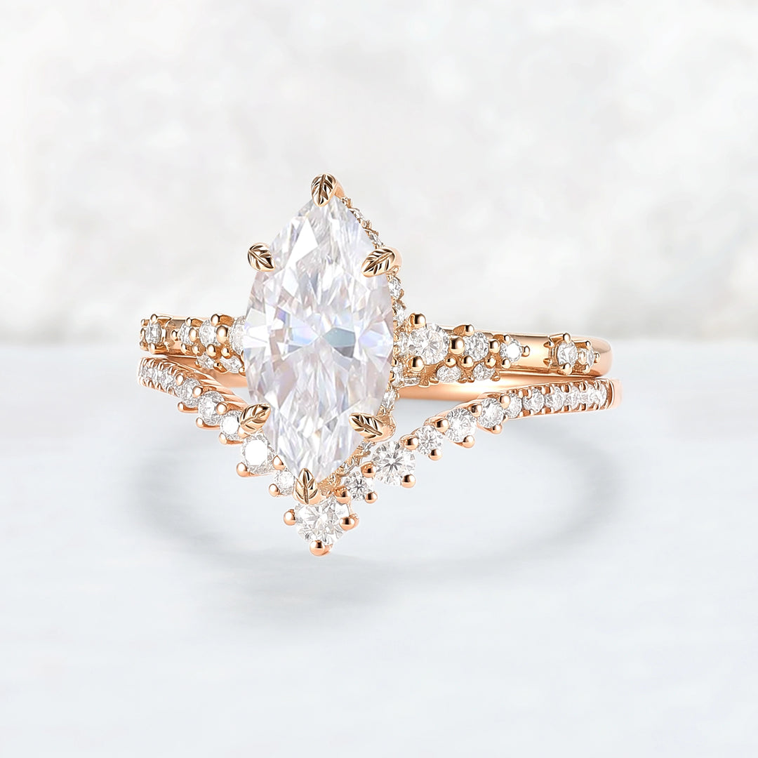 Leaf Claw Inlay Marquise Cut Moissanite Engagement Ring Set 2pcs