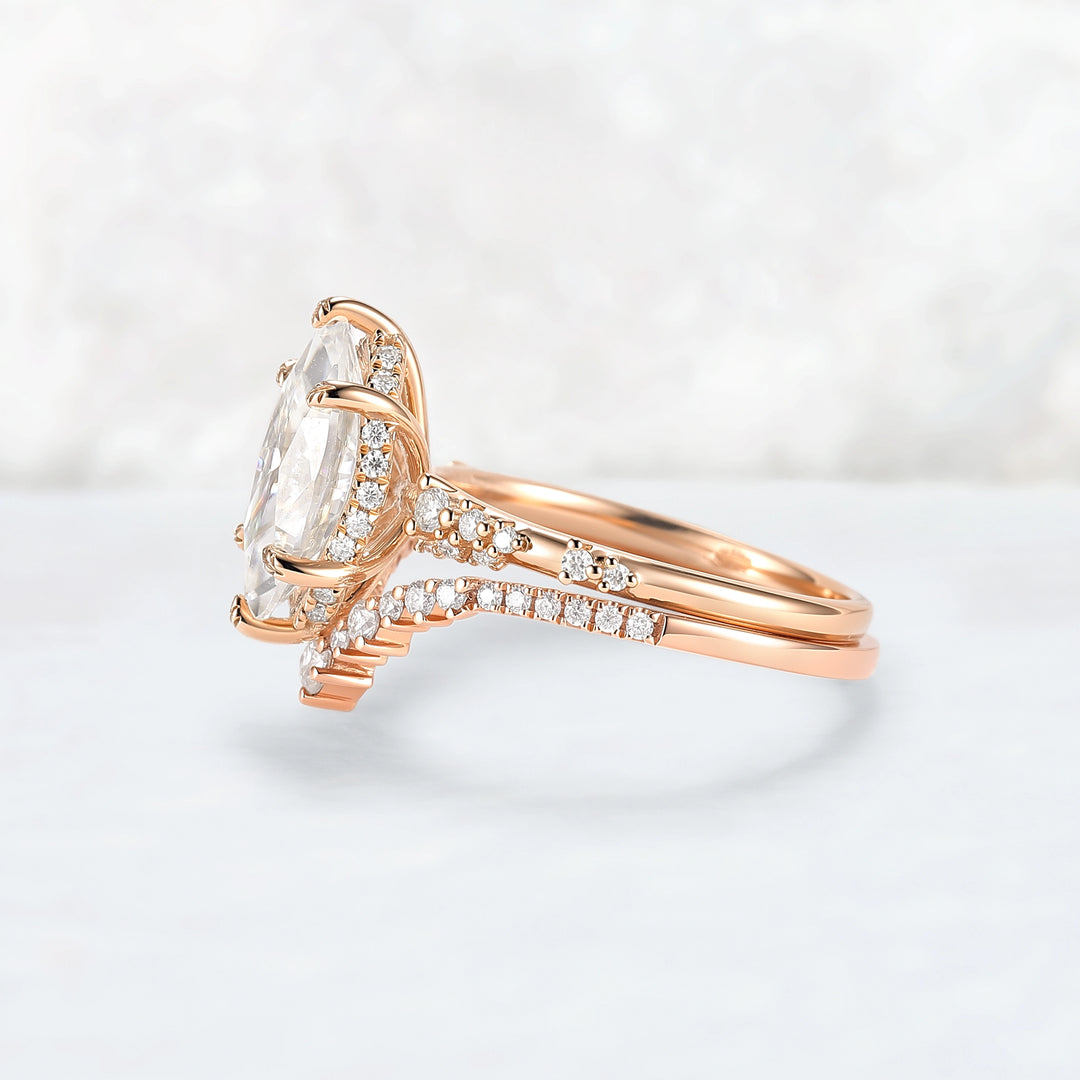 Leaf Claw Inlay Marquise Cut Moissanite Engagement Ring Set 2pcs