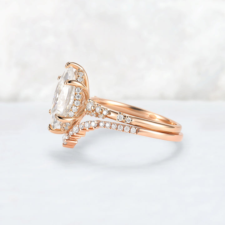 Leaf Claw Inlay Marquise Cut Moissanite Engagement Ring Set 2pcs