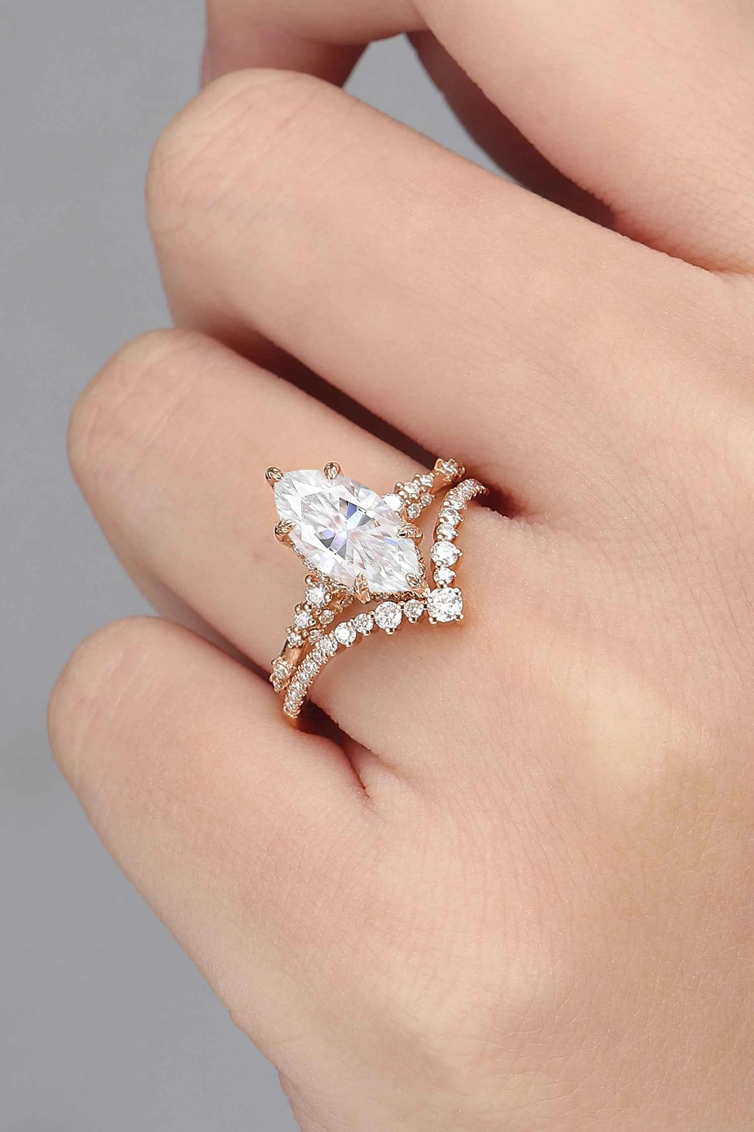 Leaf Claw Inlay Marquise Cut Moissanite Engagement Ring Set 2pcs