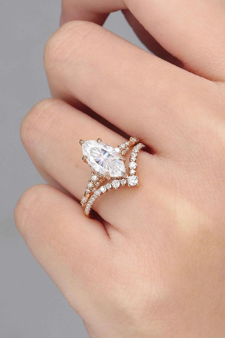 Leaf Claw Inlay Marquise Cut Moissanite Engagement Ring Set 2pcs