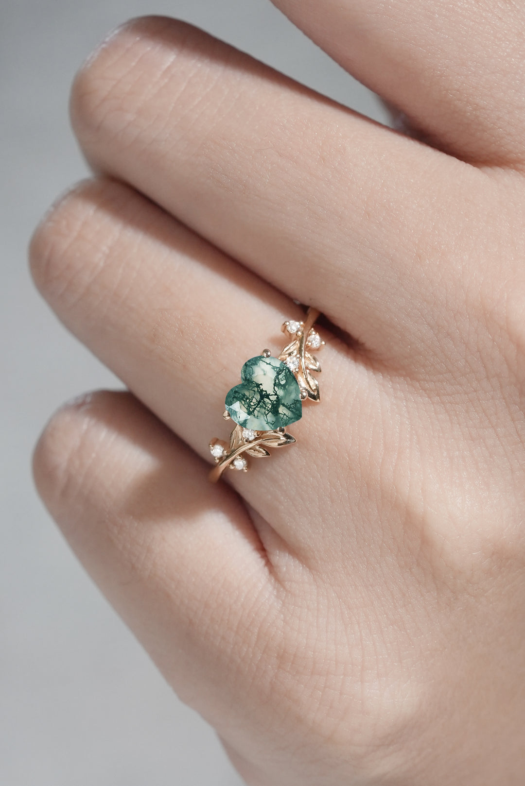 Leaf Inspired Heart Shaped Natural Moss Agate Gemstone Ring