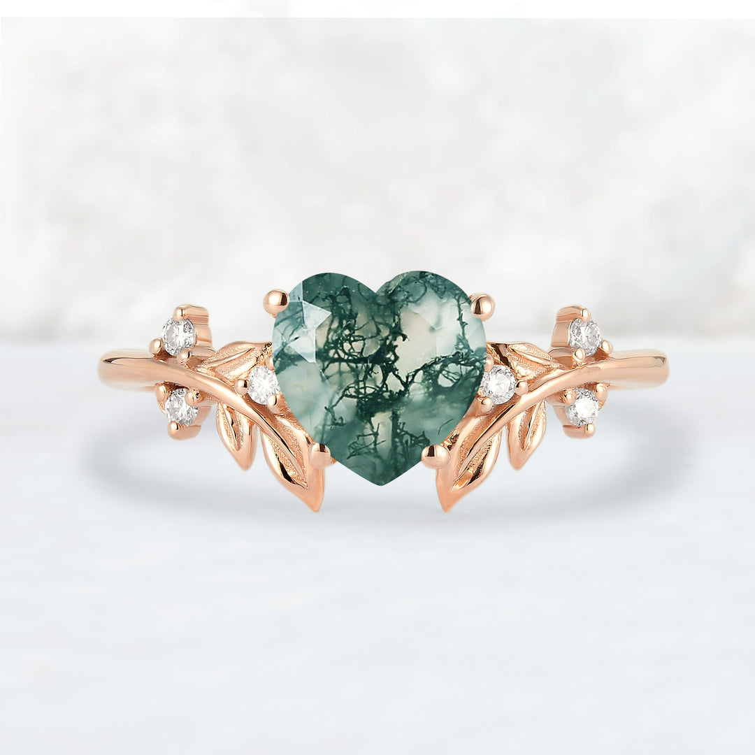 Leaf Inspired Heart Shaped Natural Moss Agate Gemstone Ring