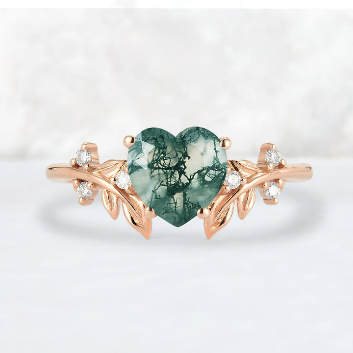 Leaf Inspired Heart Shaped Natural Moss Agate Gemstone Ring