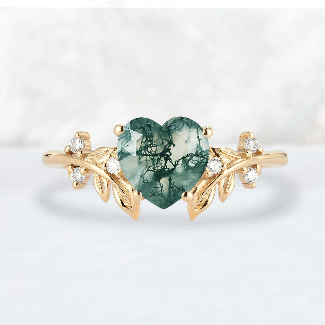 Leaf Inspired Heart Shaped Natural Moss Agate Gemstone Ring