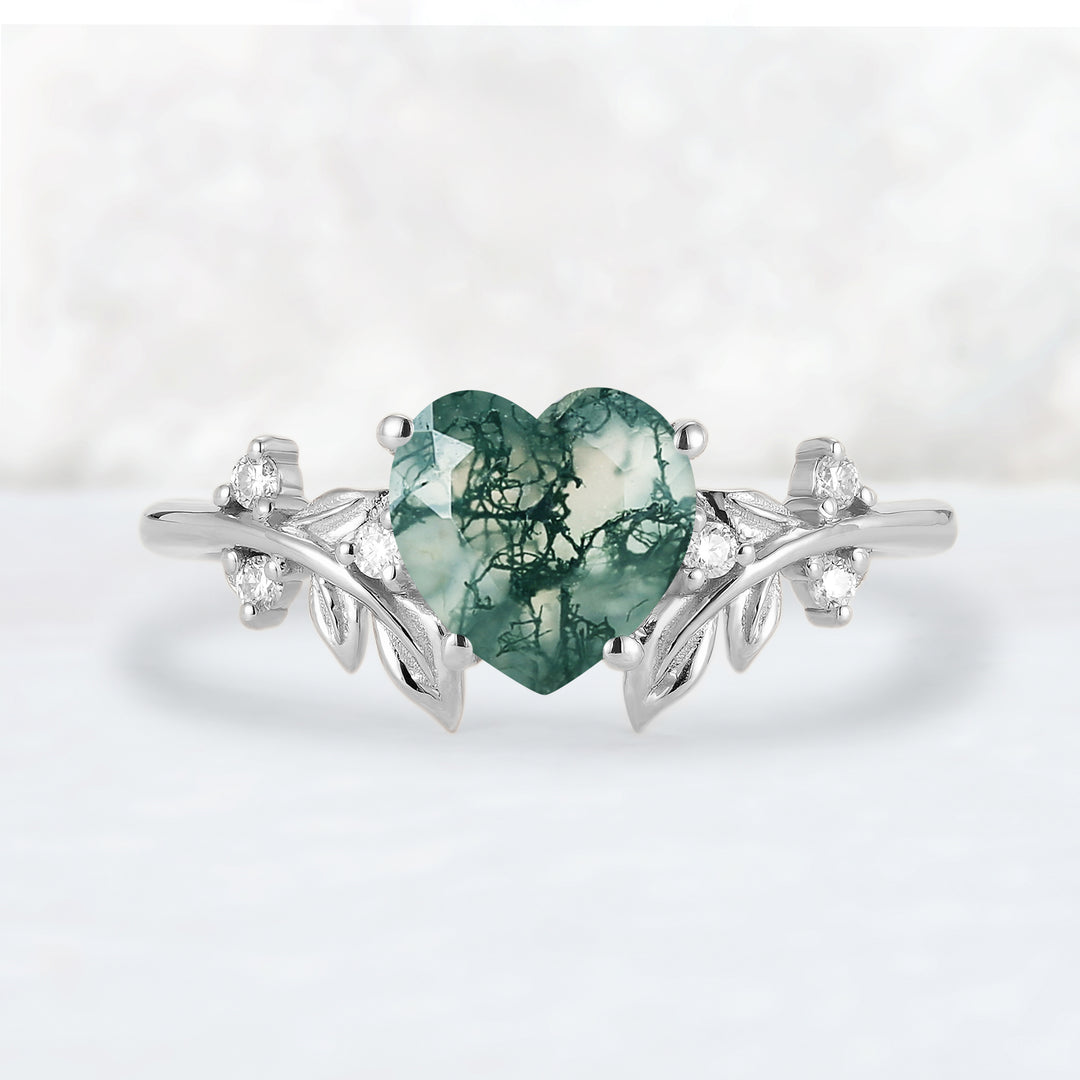 Leaf Inspired Heart Shaped Natural Moss Agate Gemstone Ring