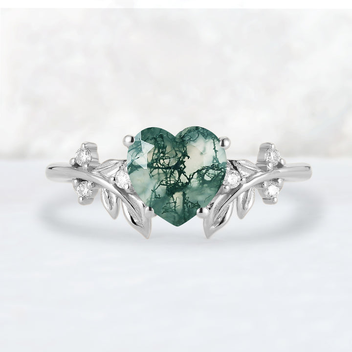 Leaf Inspired Heart Shaped Natural Moss Agate Gemstone Ring