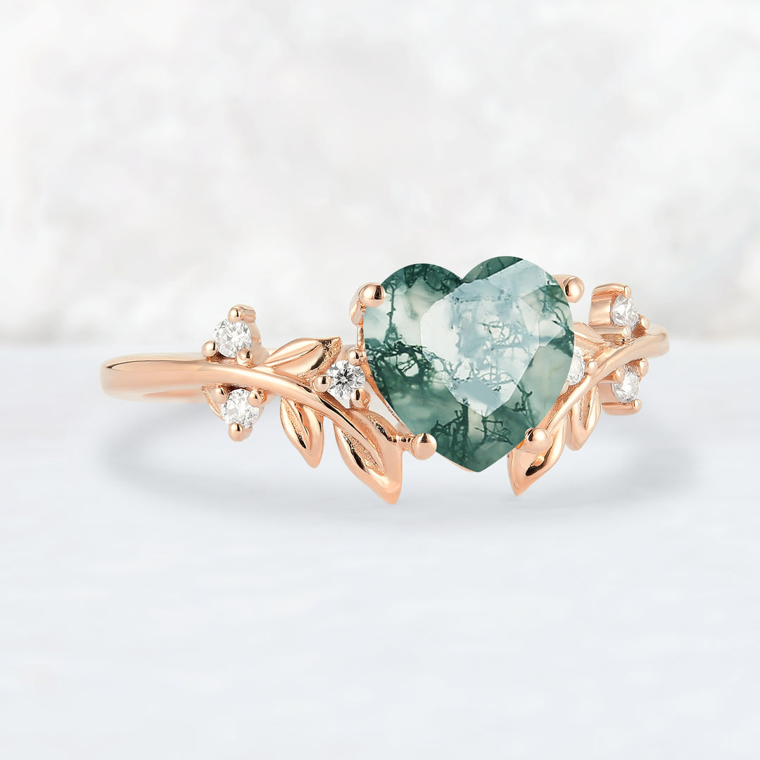 Leaf Inspired Heart Shaped Natural Moss Agate Gemstone Ring