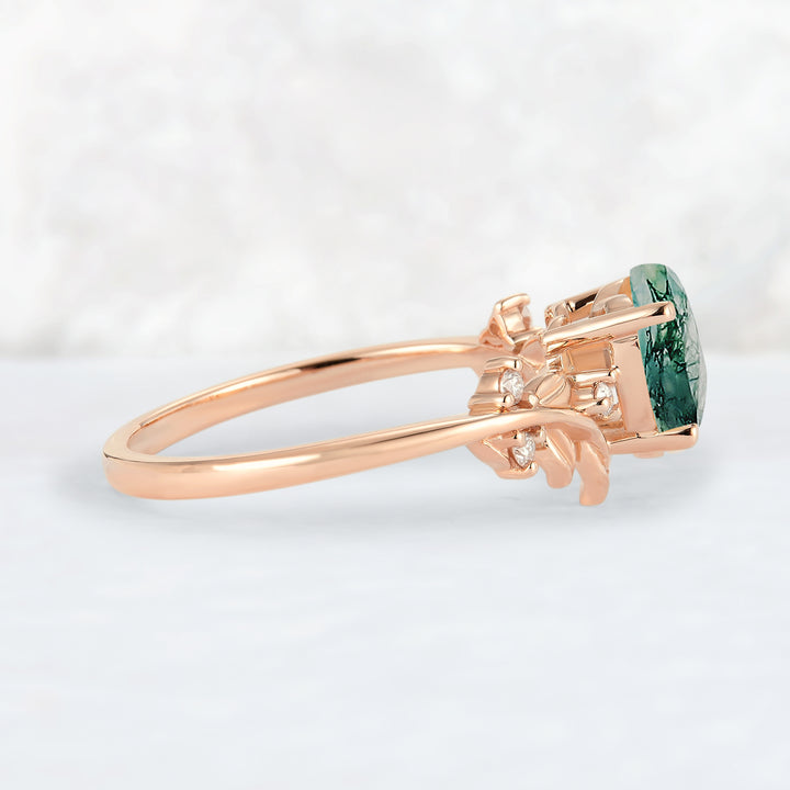 Leaf Inspired Heart Shaped Natural Moss Agate Gemstone Ring