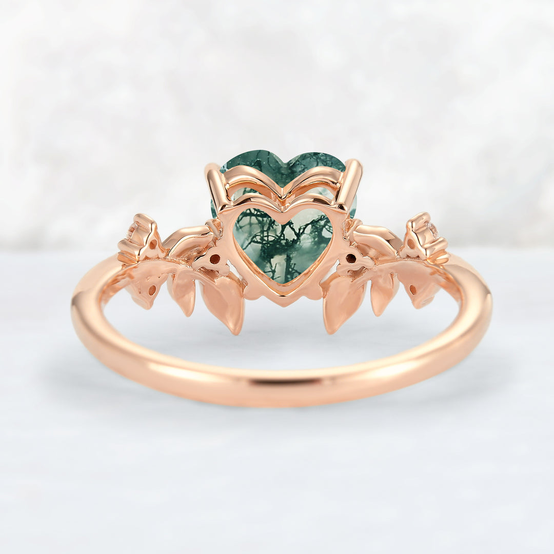 Leaf Inspired Heart Shaped Natural Moss Agate Gemstone Ring