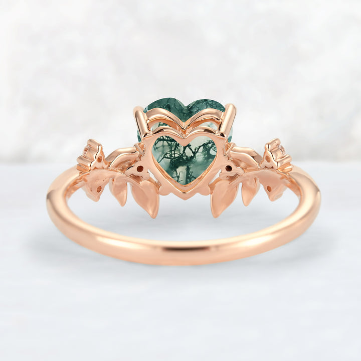 Leaf Inspired Heart Shaped Natural Moss Agate Gemstone Ring
