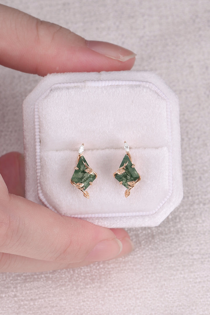 Leafy Kite Cut Moss Agate Earrings Anniversary Gift for Her
