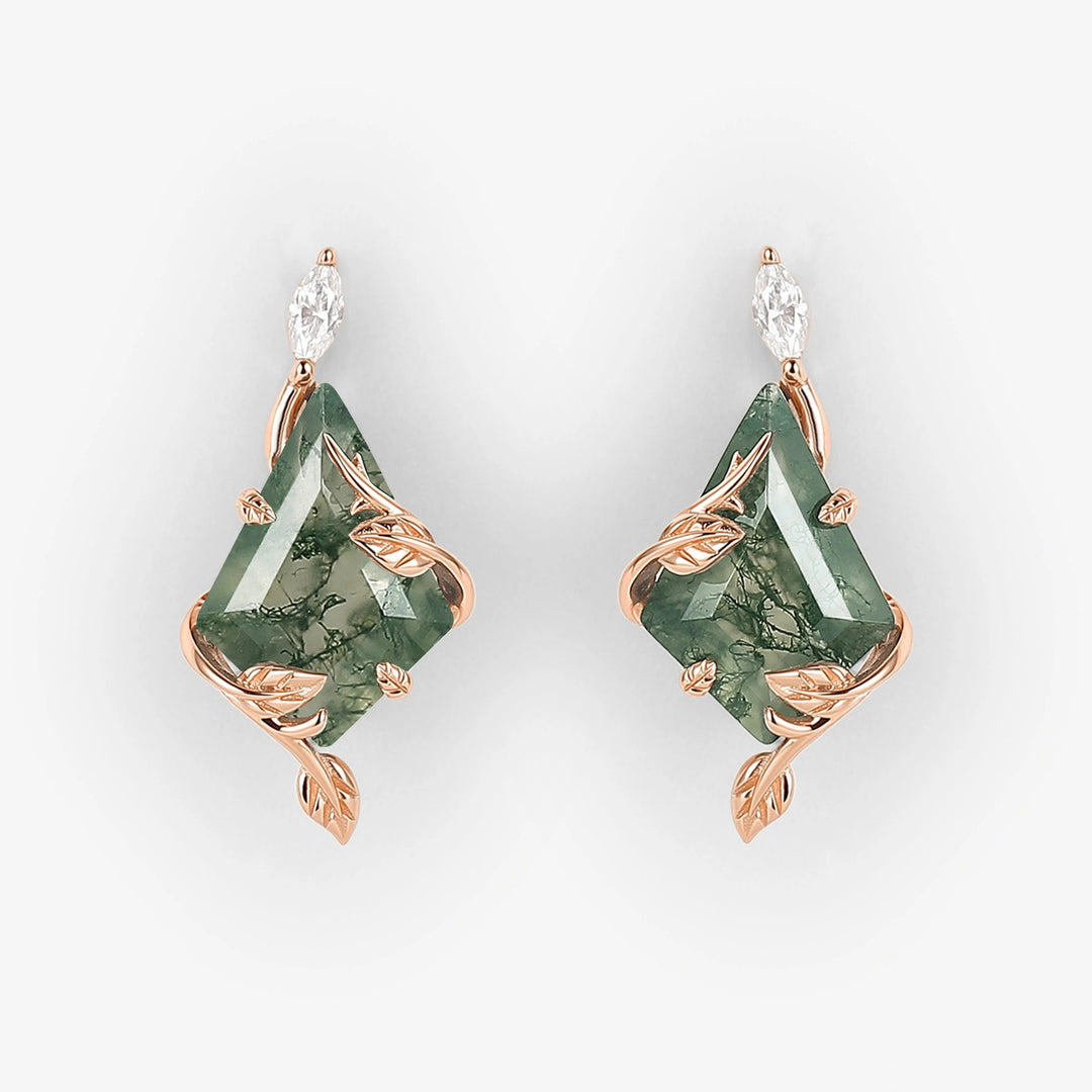 Leafy Kite Cut Moss Agate Earrings Anniversary Gift for Her