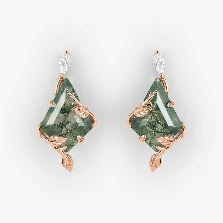Leafy Kite Cut Moss Agate Earrings Anniversary Gift for Her
