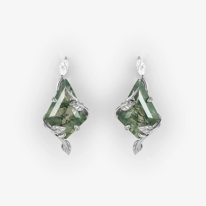 Leafy Kite Cut Moss Agate Earrings Anniversary Gift for Her