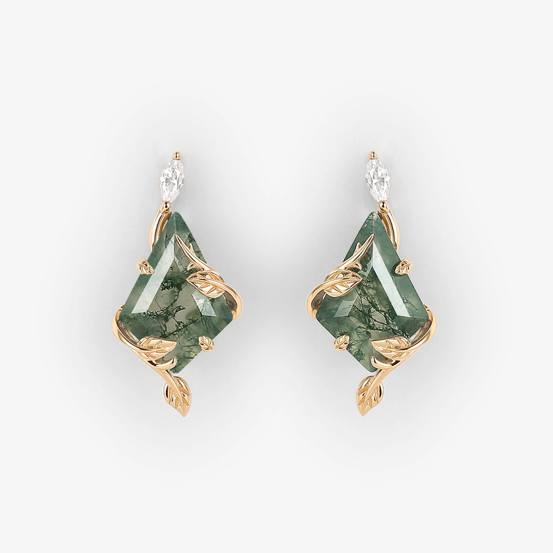 Leafy Kite Cut Moss Agate Earrings Anniversary Gift for Her