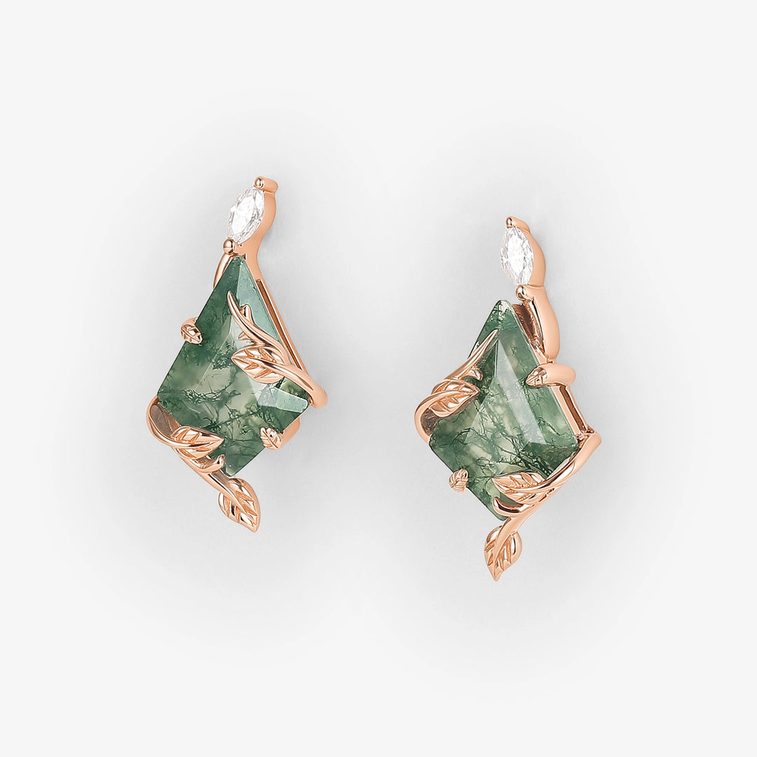 Leafy Kite Cut Moss Agate Earrings Anniversary Gift for Her