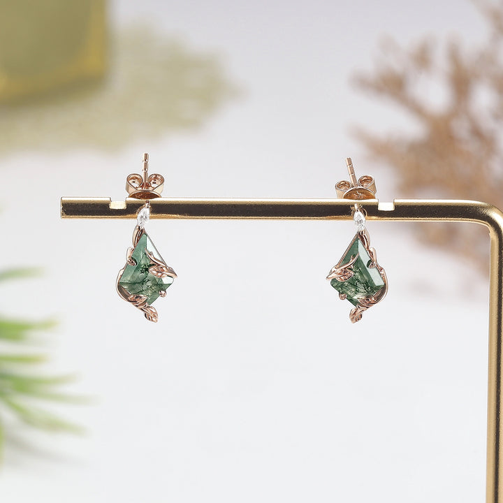Leafy Kite Cut Moss Agate Earrings Anniversary Gift for Her