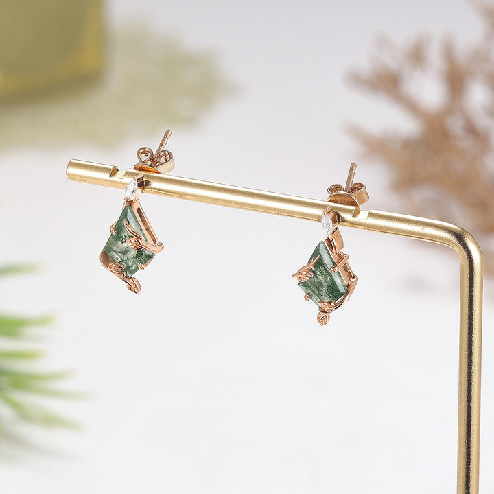Leafy Kite Cut Moss Agate Earrings Anniversary Gift for Her